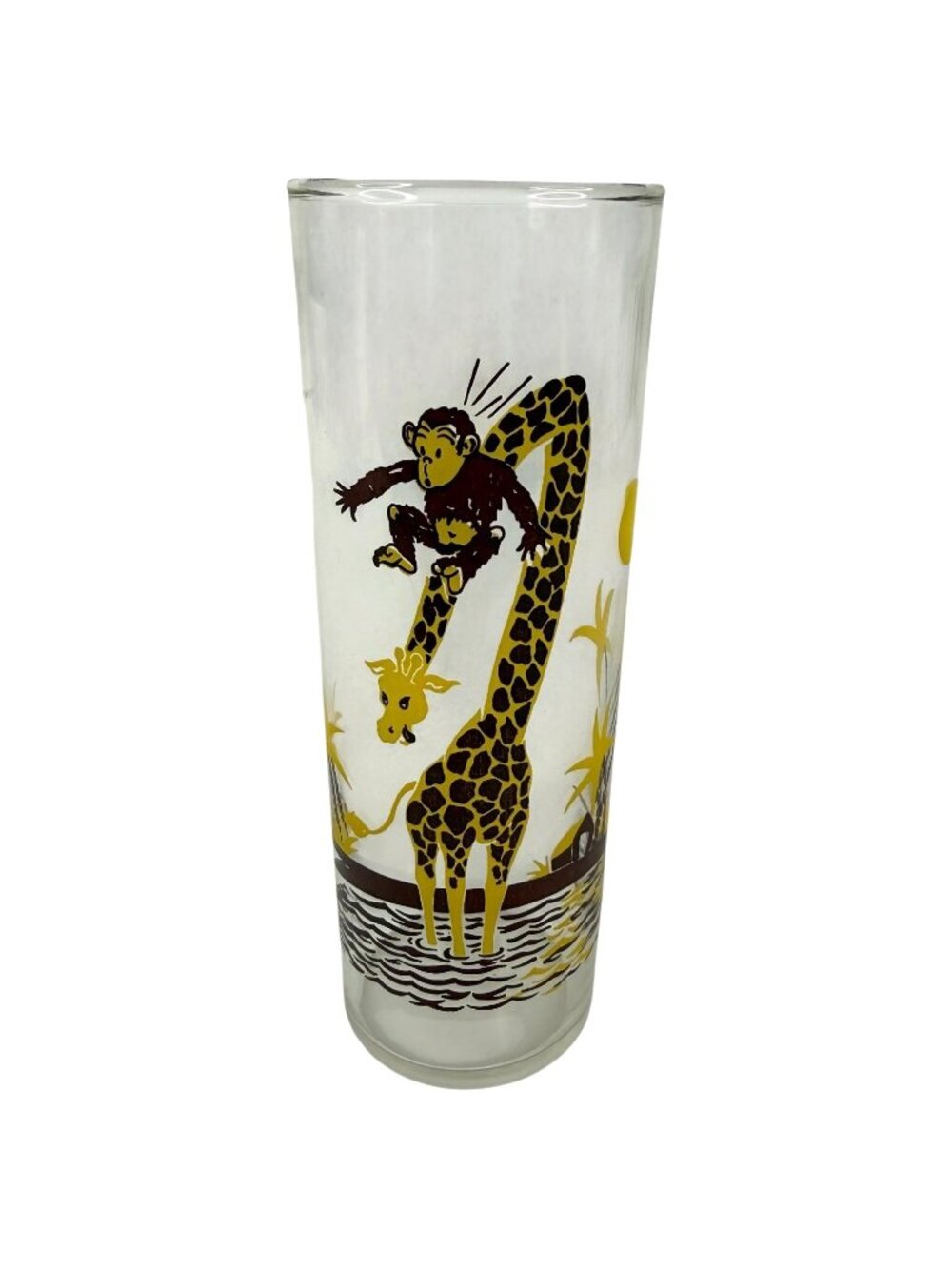 Vintage Federal giraffe Monkey Glass Tumbler Jungle Theme Palm Trees 6.75”